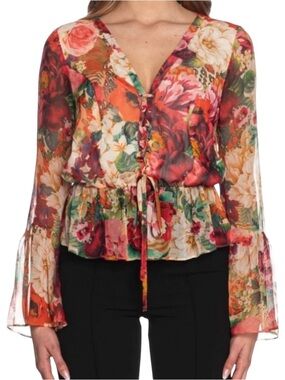 Guess peony animal print lace up peplum blouse